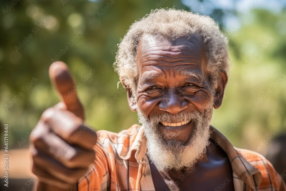 Close-up portrait photography of a jovial old man giving a thumbs up wearing a fashionable tube top at the victoria falls in livingstone zambia. With generative AI technology
