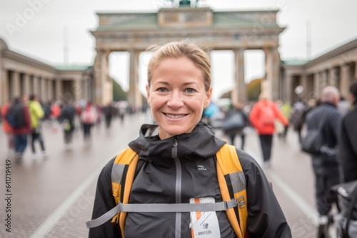 Headshot portrait photography of a merry girl in her 30s holding a gift dressed in a breathable mesh vest in front of the brandenburg gate in berlin germany. With generative AI technology