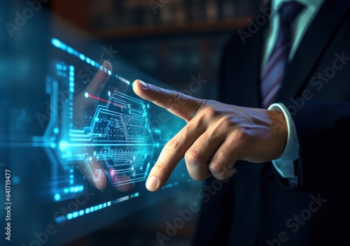 Businessman touching technological digital screen, business and technology concept. Generative AI
