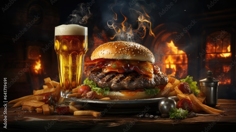 Cheese burger - American cheese burger with Golden French fries and a glass of beer.  - obrazy, fototapety, plakaty 