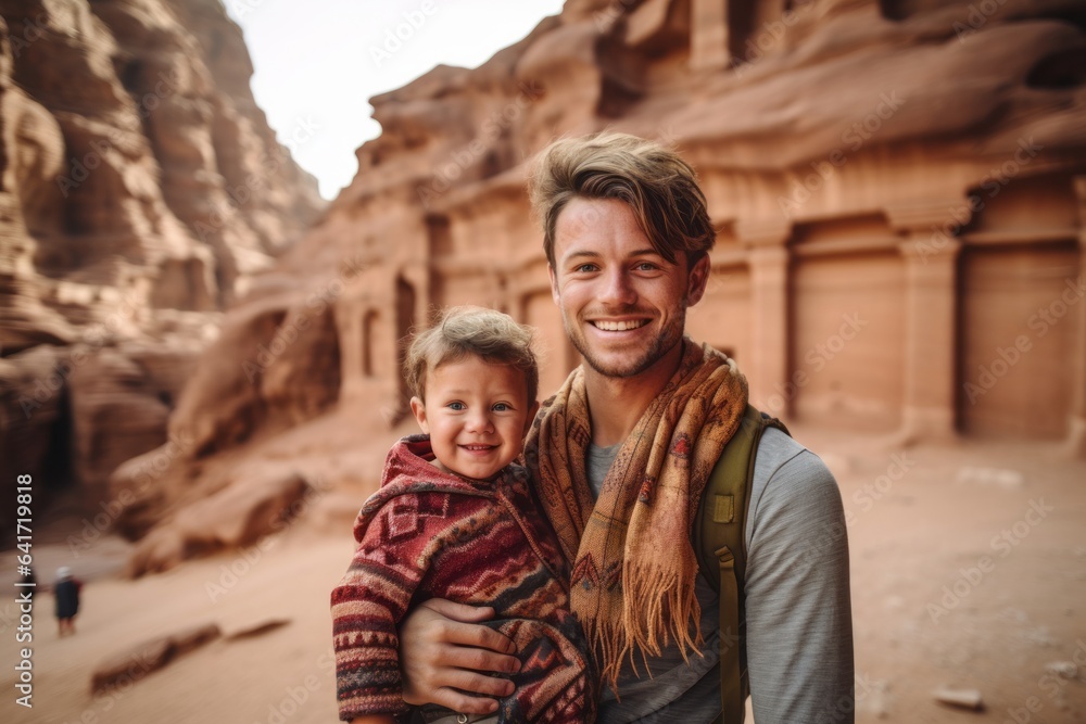 Medium shot portrait photography of a cheerful boy in his 20s holding a baby wearing a comfortable yoga top at the petra in maan jordan. With generative AI technology