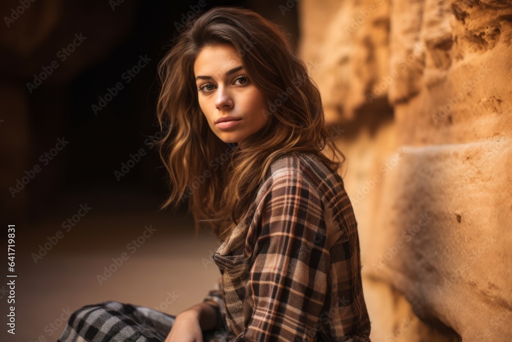 Photography in the style of pensive portraiture of a tender girl in her 20s flexing arm muscle wearing a comfy flannel shirt at the petra in maan jordan. With generative AI technology Photography in the style of pensive portraiture of a tender girl in her 20s flexing arm muscle wearing a comfy flannel shirt at the petra in maan jordan. With generative AI technology