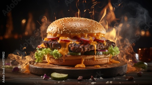 Big tasty cheeseburger on wooden board with fire on background. 