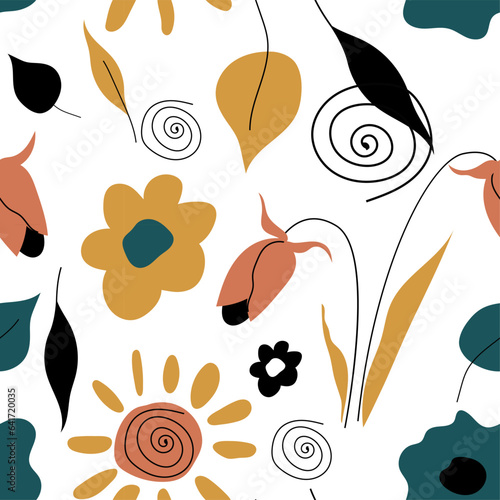 Flower Shapes and Doodle Design Element Vector Seamless Pattern