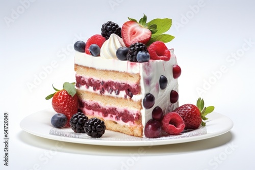 Delicious cake decorated with red berries on white background. Generative AI