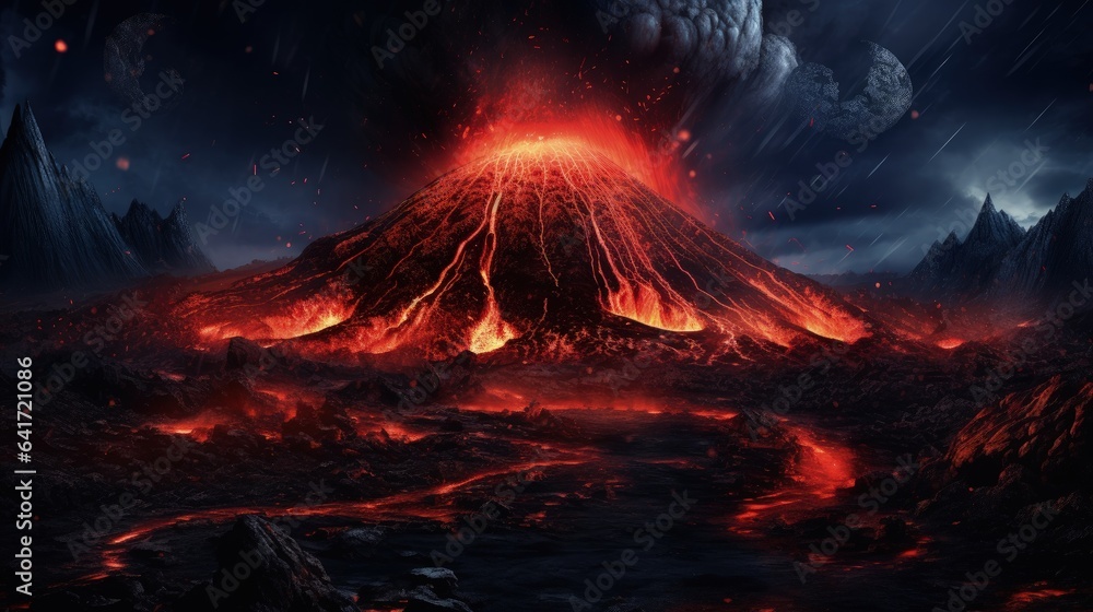 Landscape with erupting volcano, nature phenomena concept. Generative AI