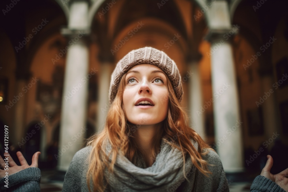 Close-up portrait photography of a blissful girl in her 20s raising arms sporting a trendy beanie at the uffizi gallery in florence italy. With generative AI technology