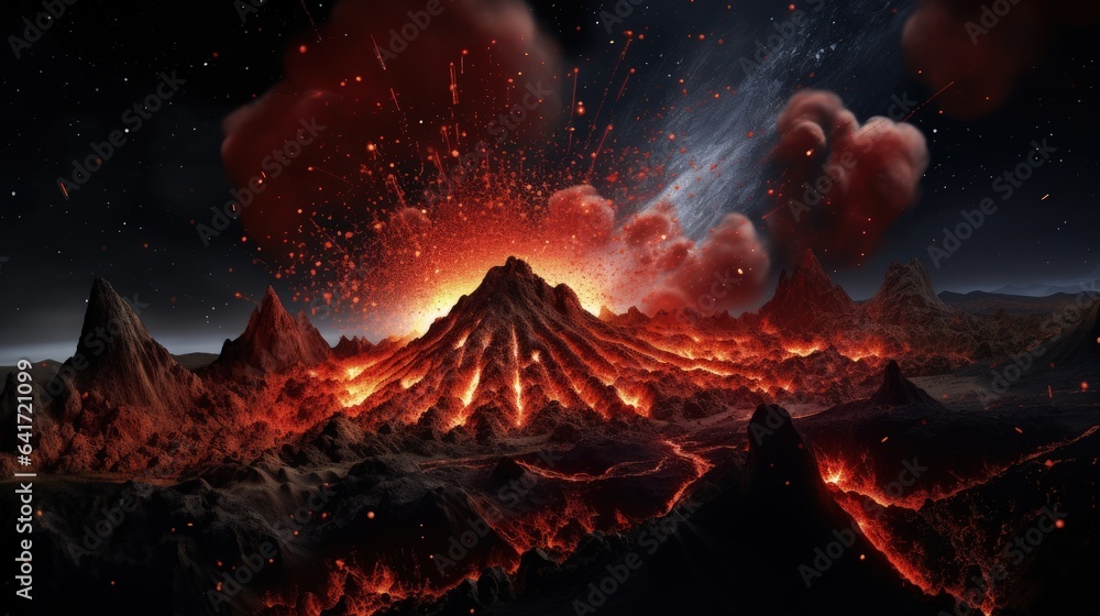 Landscape with erupting volcano, nature phenomena concept. Generative AI - obrazy, fototapety, plakaty 