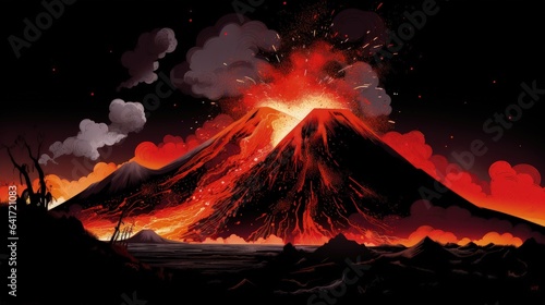 Landscape with erupting volcano, nature phenomena concept. Generative AI