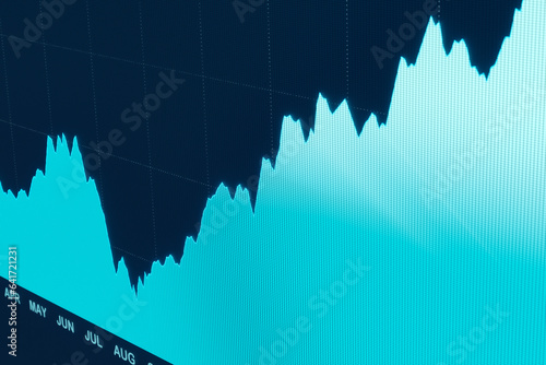 Close-up stock market chart on the monitor. Blue stock exchange screen with index or stock graph. Market data  analyzing  trading. 3D illustration