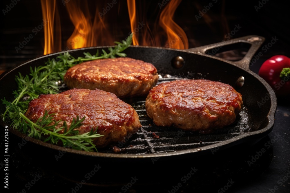 Hamburger steak roasting on the grill, fast food concept. Generative AI