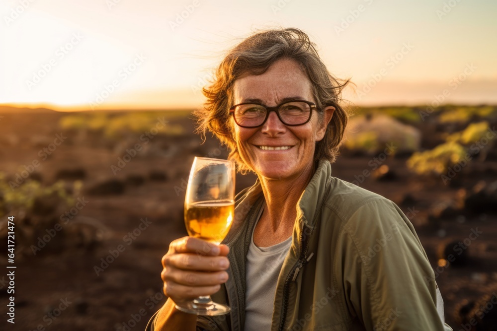 Medium shot portrait photography of a tender mature woman raising a glass in toast dressed in a casual t-shirt at the galapagos islands ecuador. With generative AI technology Medium shot portrait photography of a tender mature woman raising a glass in toast dressed in a casual t-shirt at the galapagos islands ecuador. With generative AI technology