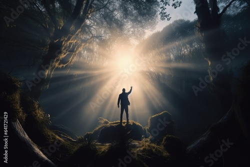 Landscape with man in mixed forest, sun rays. Generative AI