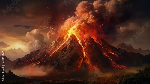Landscape with erupting volcano  nature phenomena concept. Generative AI