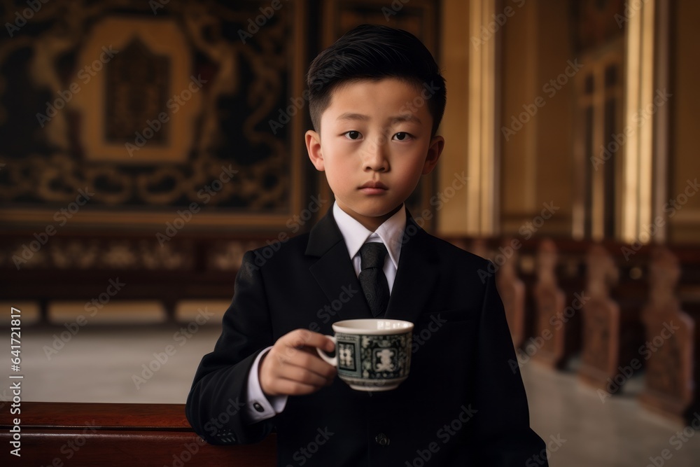 Close-up portrait photography of a merry boy in his 30s holding a cup of coffee donning an ornate brooch at the palace museum (forbidden city) in beijing china. With generative AI technology Close-up portrait photography of a merry boy in his 30s holding a cup of coffee donning an ornate brooch at the palace museum (forbidden city) in beijing china. With generative AI technology