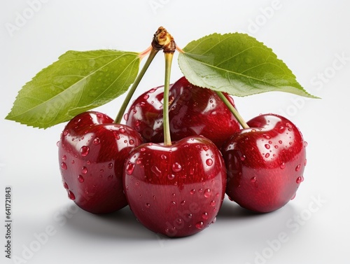 Red cherries with green leaves on a white background. Close-up. 