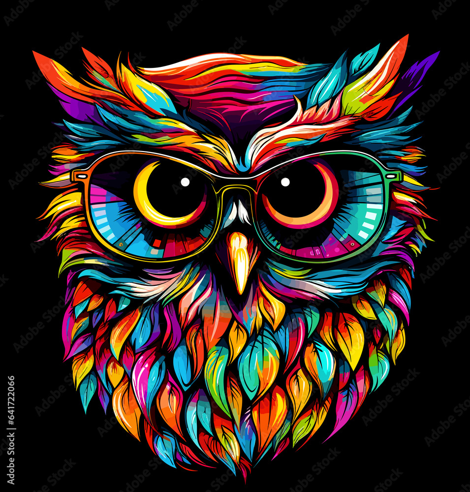 Wise and cute owl in glasses isolated on black background