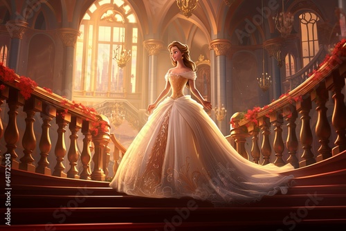 黄色いドレスを着た美しいプリンセスがお城の階段を降りている