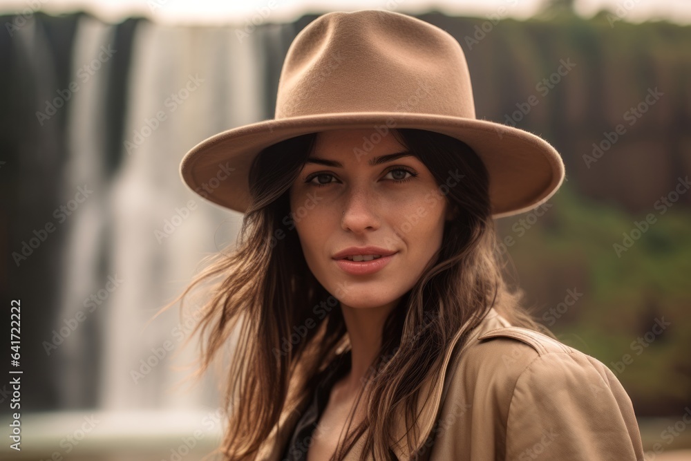 Lifestyle portrait photography of a tender girl in her 30s rolling eyes donning a classic fedora at the iguazu falls argentina-brazil border. With generative AI technology Lifestyle portrait photography of a tender girl in her 30s rolling eyes donning a classic fedora at the iguazu falls argentina-brazil border. With generative AI technology