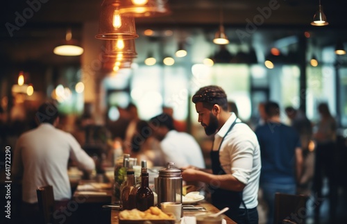 Restaurant waiter serving food to a group of people in a restaurant