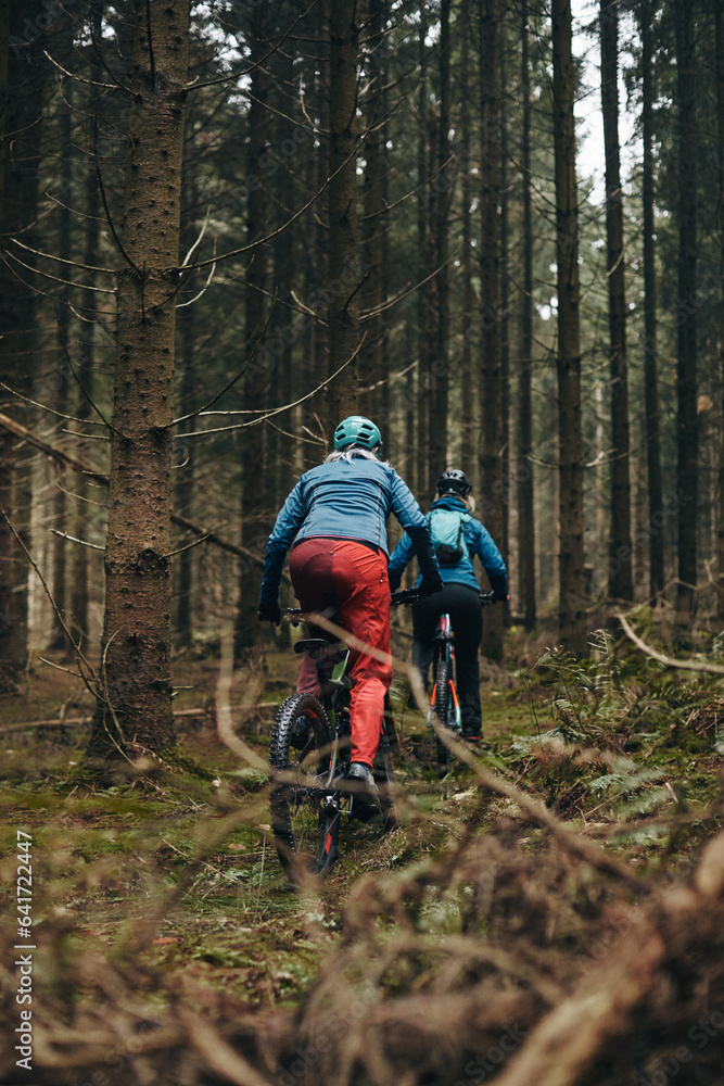 Woman in cycling gear riding her mountain bike along a trail with friends in a misty forest Woman in cycling gear riding her mountain bike along a trail with friends in a misty forest