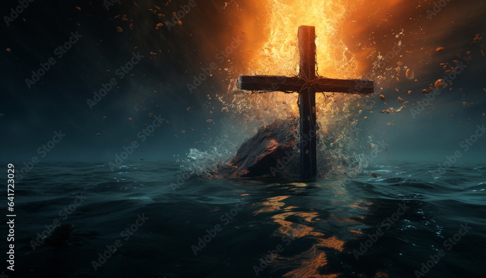 A cross atop tranquil waters, ablaze with fire amidst the darkness, capturing a moment of intense contrast and contemplation. - obrazy, fototapety, plakaty 
