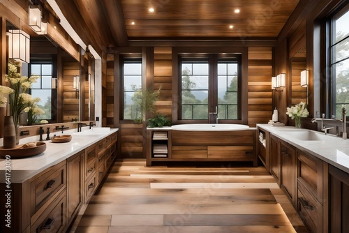 modern bathroom interior, Amazing bathroom with wooden wall and floor © Mehram