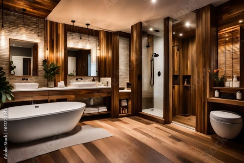 modern bathroom interior  Amazing bathroom with wooden wall and floor