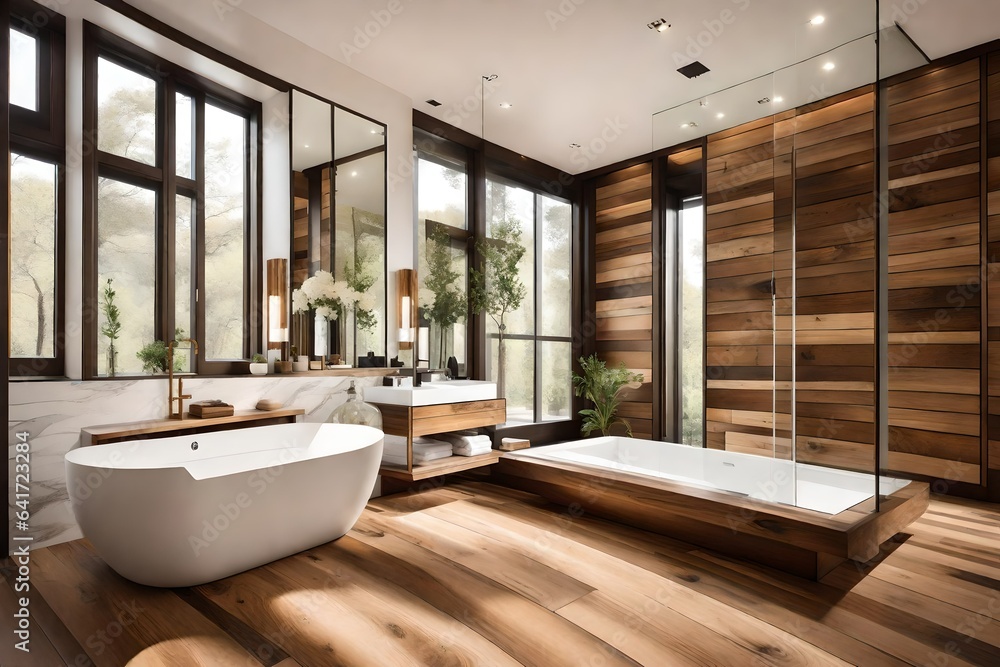 Fototapeta premium modern bathroom interior, Amazing bathroom with wooden wall and floor