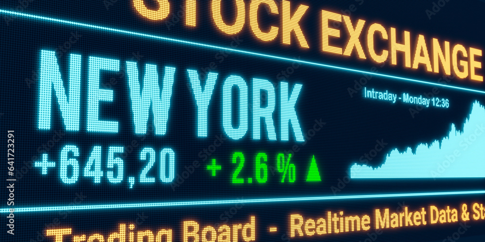New York, stock market moving up. Positive stock exchange data, rising chart on the screen. Green percentage sign, profit and investment. 3D illustration