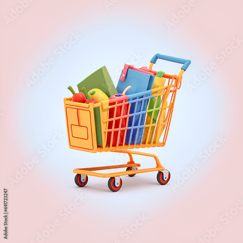 Shopping cart full of food on white background. Grocery and food store concept. Supermarket trolley cart with fresh products. Realistic grocery cart 3d render illustration. colorful fruits cart.