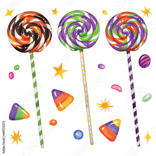 Watercolor Sweet swirl lollipops vector set, colorful Halloween twisted hard sugar candy on a stick isolated vector elements