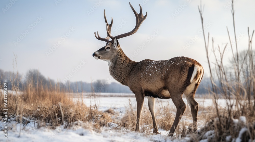 majestic deer with a large rack of antlers standing in a snowy field with a winter sky in the background majestic deer with a large rack of antlers standing in a snowy field with a winter sky in the background