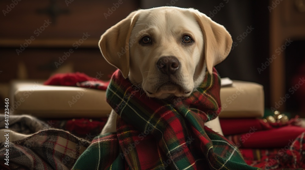 cute labrador dog sitting on a plaid blanket and wearing a plaid scarf cute labrador dog sitting on a plaid blanket and wearing a plaid scarf