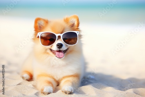 Dog in sunglasses takes on the role of a human on vacation