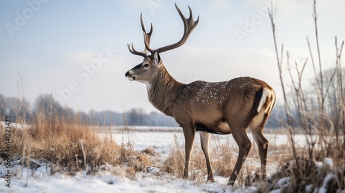 majestic deer with a large rack of antlers standing in a snowy field with a winter sky in the background © Anastasia Shkut