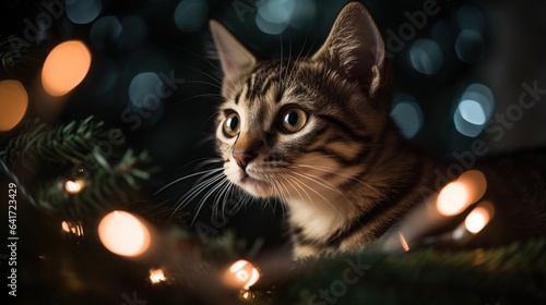 adorable curious cat looking on christmas tree with twinkling lights