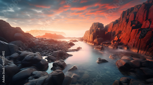 Image of a hillside landscape with rocks with a beautiful sunset.
