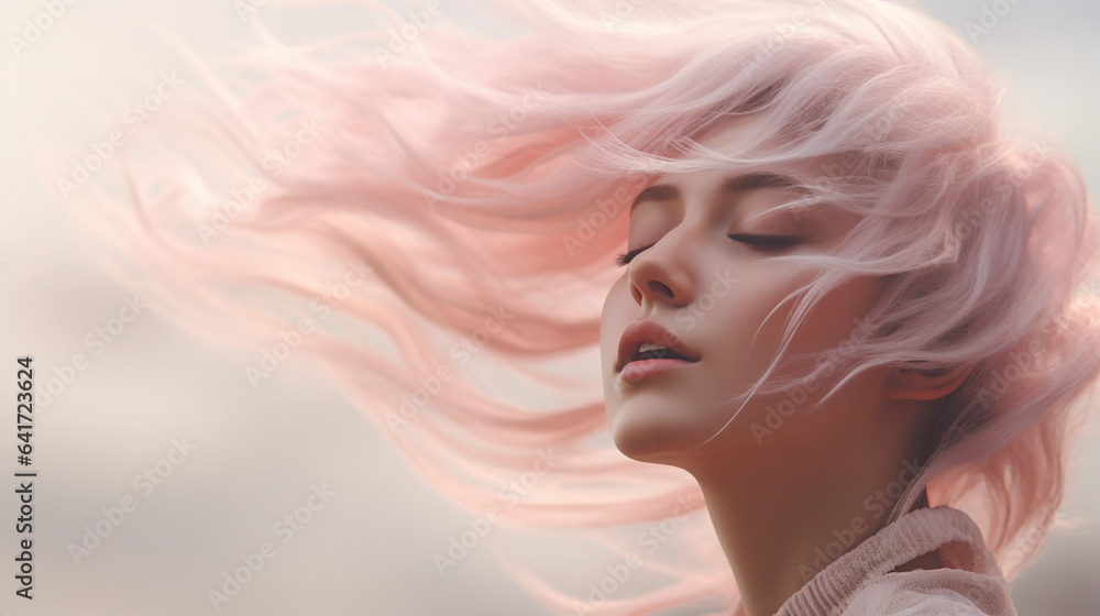 Portrait of a beautiful girl with pink hair on the background of the sky