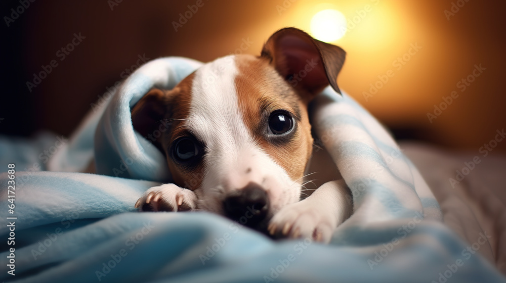 Closeup cute jack russell terrier puppy face showing out of the blanket on the bed. Digital illustration generative AI.