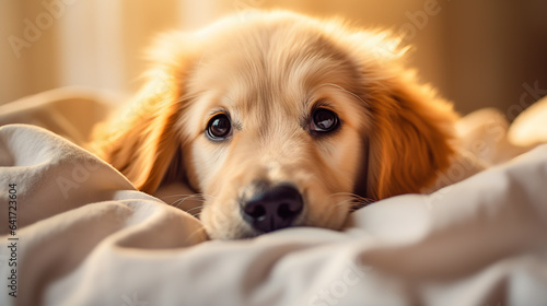 Closeup cute golden retriever puppy face showing out of the blanket on the bed. Digital illustration generative AI.