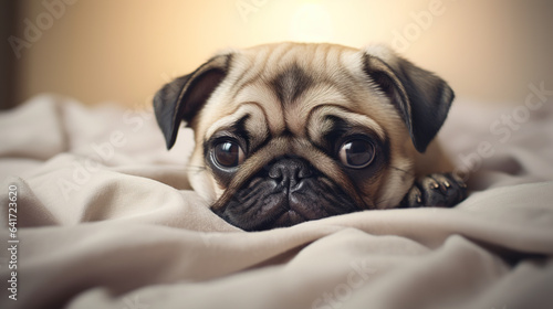 Closeup cute pug puppy face showing out of the blanket on the bed. Digital illustration generative AI. © Tepsarit