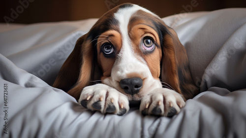 Closeup cute basset hound puppy face showing out of the blanket on the bed. Digital illustration generative AI.