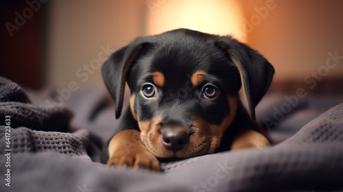 Closeup cute rottweiler puppy face showing out of the blanket on the bed. Digital illustration generative AI.