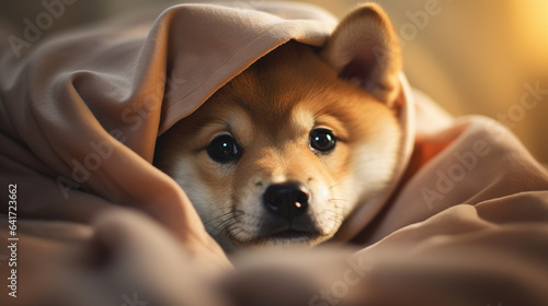 Closeup cute shiba puppy face showing out of the blanket on the bed. Digital illustration generative AI.