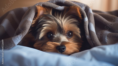 Closeup cute yorkshire terrier puppy face showing out of the blanket on the bed. Digital illustration generative AI.