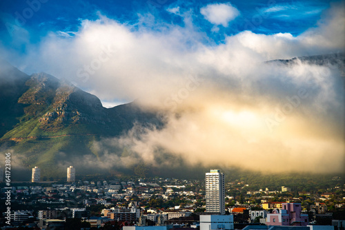 Aerial view of Cape Town city centre at sunrise in Western Cape, South Africa