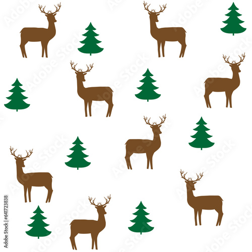 Colorful deer and tree chaotic seamless pattern.