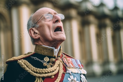 Medium shot portrait photography of a glad old man coughing wearing a dramatic choker necklace at the buckingham palace in london england. With generative AI technology