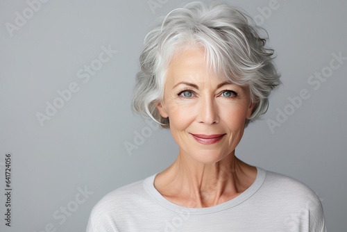 Close-up portrait of a stylish beautiful woman in her 50s. Skin care concept. Luxurious middle-aged woman with a short gray hairdo looking at camera.